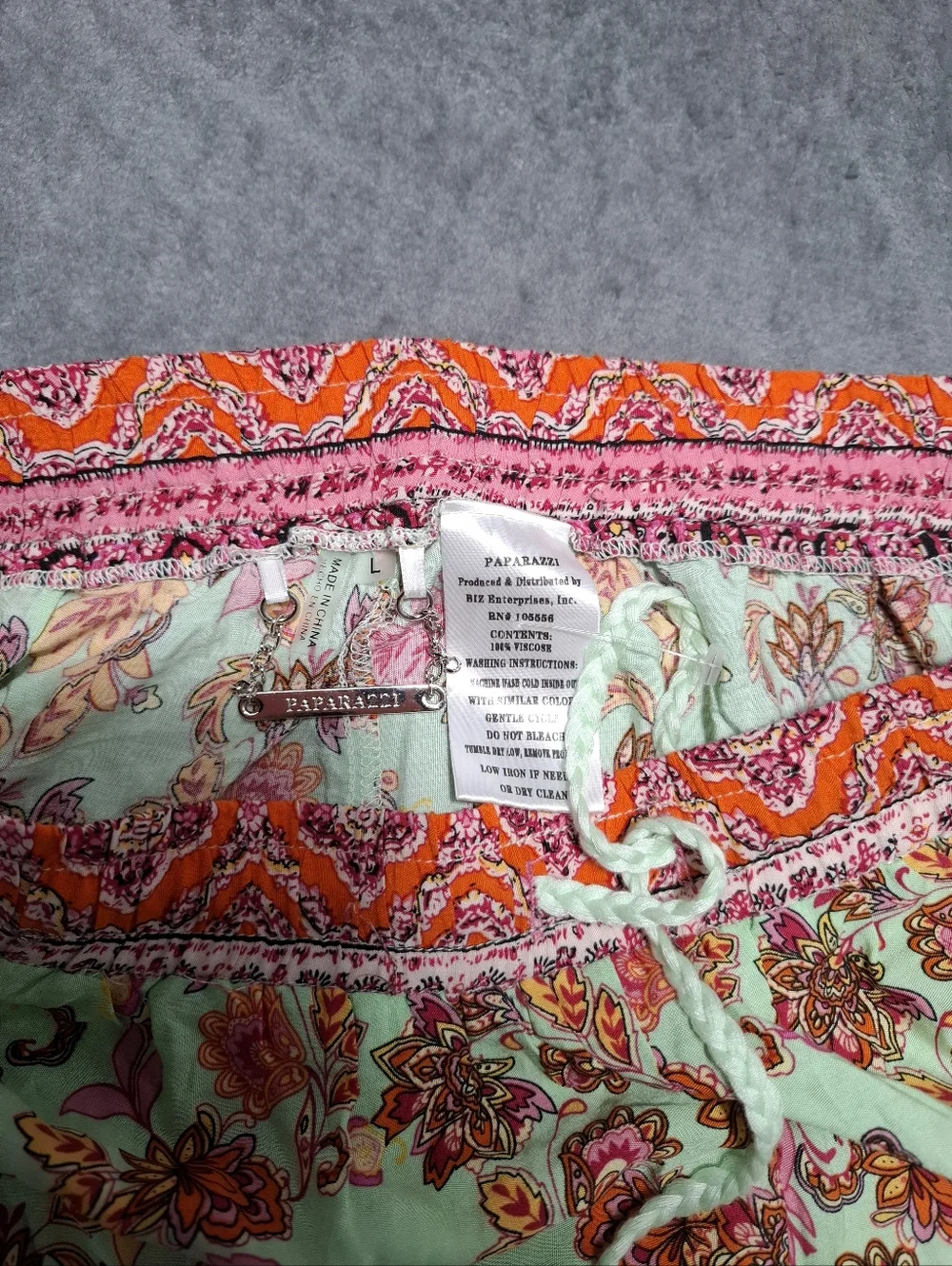 Paparazzi Lightweight Colorful Wide Leg Pants Sz L Drawstring Boho Indie Summer